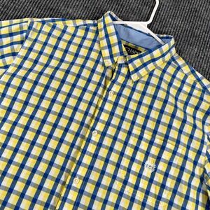Chaps Shirt Mens XL Extra Large Yellow Blue Plaid Short Sleeve Button Down